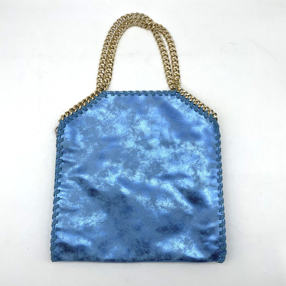 Vintage 90s Y2K Falabella Metallic Blue Faux Leather Gold-tone Chain Square Tote - Picture 1 of 15
